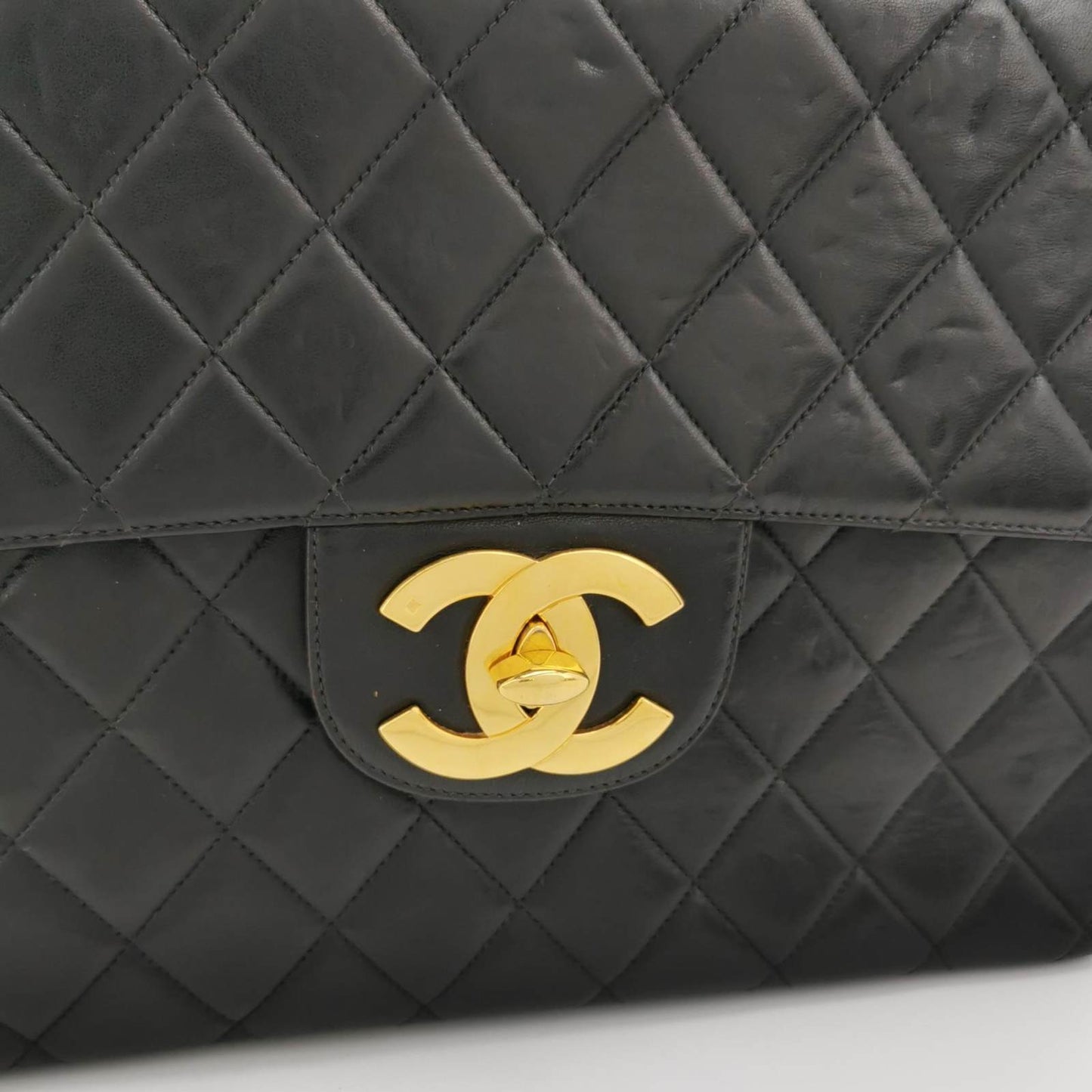 Sold Chanel Classic Flap Large 1994 Vintage Black Lambskin Leather 24k Gold Plated Mega CC Logo