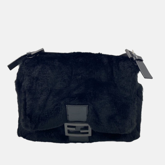 Fendi Mamma Baguette Black Faux Fur Shoulder Bag-Luxbags