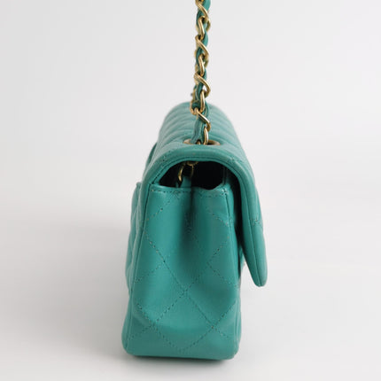 Chanel Classic Flap Mini Turquoise Blue Lambskin Leather Gold Hardware