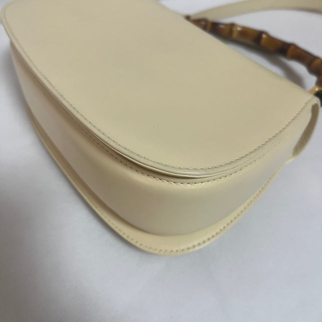 Gucci Bamboo 1947 Vintage Small White Box Leather Top Handle and Leather Strap Bag