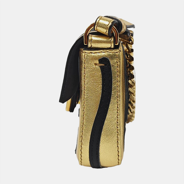 Fendi Nano Baguette Charm Gold Shiny Leather with Black Paints