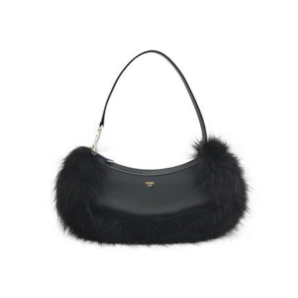 FENDI O Lock Black Leather and Faux Fur Shoulder Bag-Luxbags