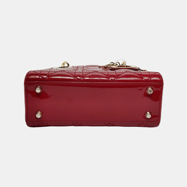 Lady Dior Mini Handbag Burgundy Red Patent Leather Gold-tone Chain Strap