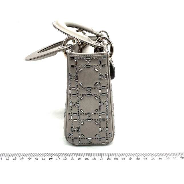 Lady Dior Mini Grey Silk with Crystals Silver Hardware