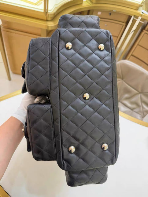 Chanel Cambon Multi-pocket Ligne Reporter Bag Large Black Calfskin Leather White Logo