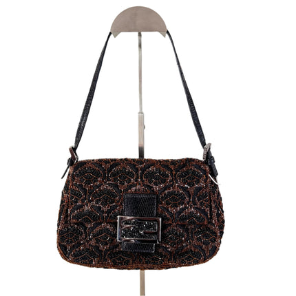 Fendi Mini Mamma Baguette Brown Glitter Beads Floral Embroidery