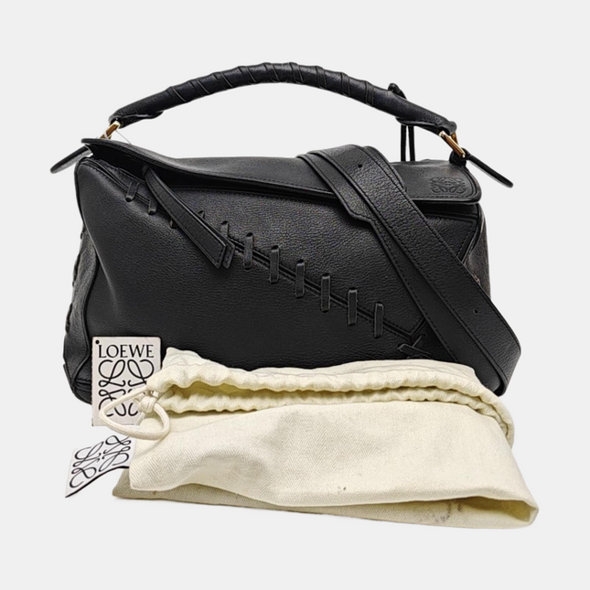 Loewe Puzzle Medium Black Whipstitch Leather Crossbody Bag