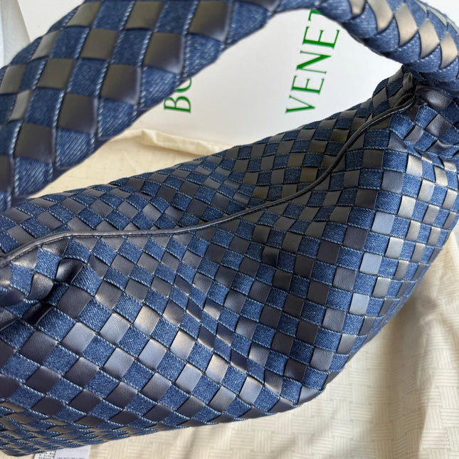 Bottega Veneta Hop Large Leather and Denim Intrecciato Navy Hobo Bag 55cm