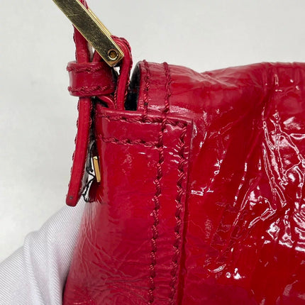 FENDI Baguette Red Crinkled Patent Leather Shoulder Bag