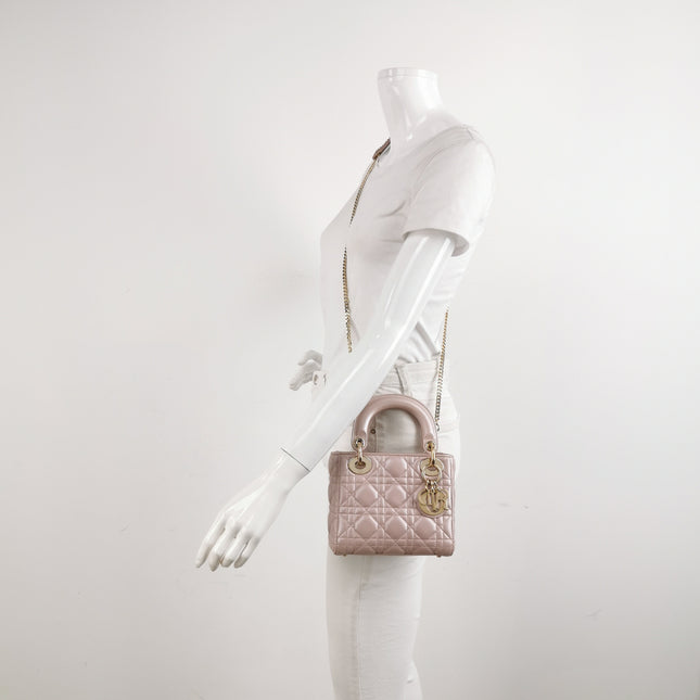Lady Dior Mini Pearlescent Pink Lambskin Leather Gold HW Chain Strap