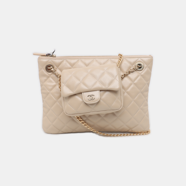 Chanel Beige Iridescent Lambskin Quilted Pouch with Mini Flap Purse