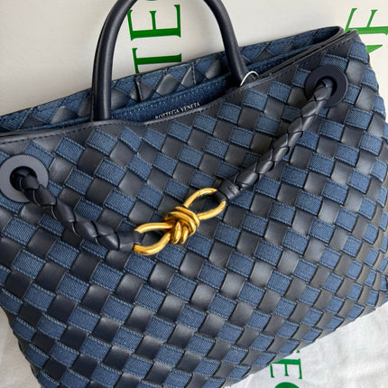 Bottega Veneta Andiamo Medium Navy Leather and Denim Intrecciato Leather Handbag