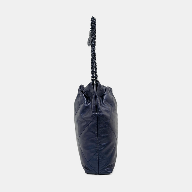 Chanel 22 Hobo Bag Medium Shiny Calfskin Leather Metallic Navy-Luxbags