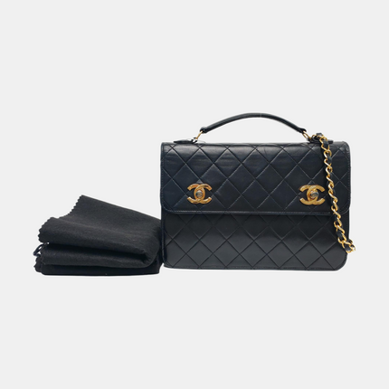 Chanel Vintage Double CC Turnlock Small Black Lambskin Leather 2Way Shoulder Bag