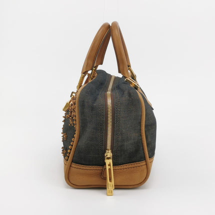 Loewe Amazona 28 Denim Beaded Embroidery Brown Leather Handbag