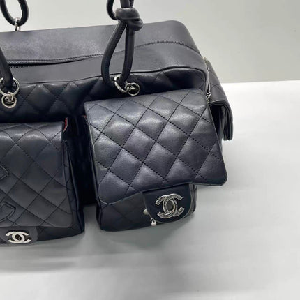 Chanel Cambon Multi-pocket Ligne Reporter Bag Medium Black CC on Black Calfskin Leather