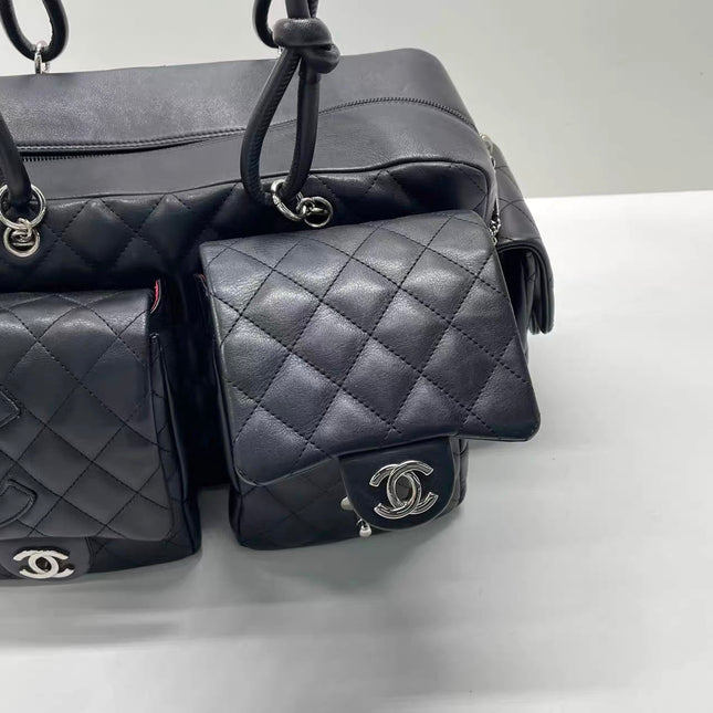 Chanel Cambon Multi-pocket Ligne Reporter Bag Medium Black CC on Black Calfskin Leather