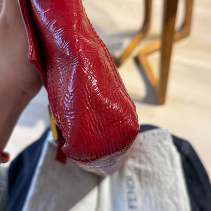 FENDI Baguette Red Crinkled Patent Leather Shoulder Bag