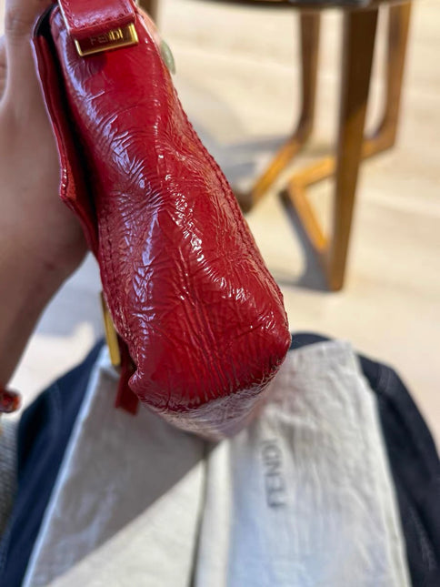 FENDI Baguette Red Crinkled Patent Leather Shoulder Bag