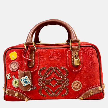 Loewe Amazona 28 160th Anniversary Red Suede Badges Embellished Handbag-Luxbags