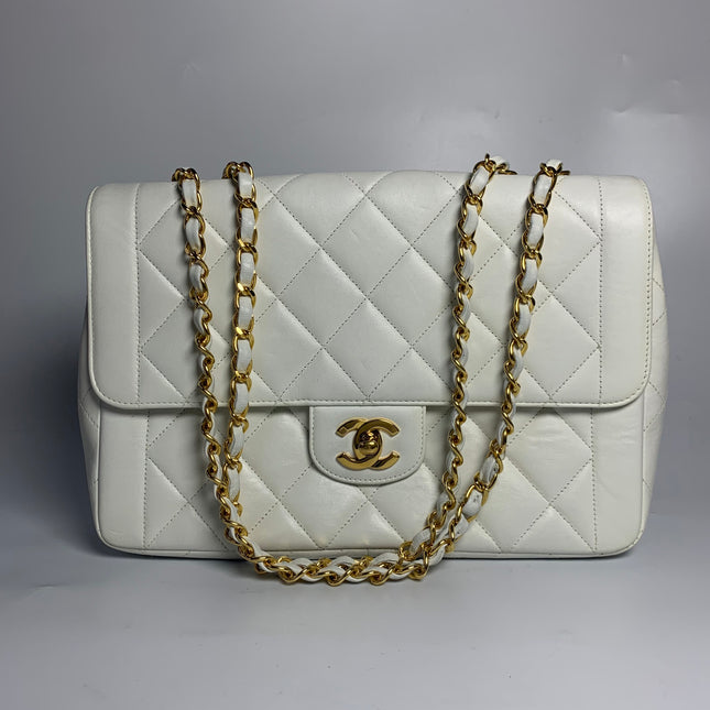 Sold Chanel Classic Flap 1996 White Leather 24k Gold Plated Giant CC Logo