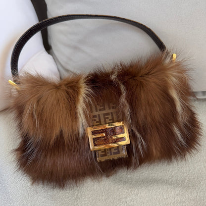 Fendi Baguette RARE Skunk Fur Vinyl Zucchino Strap Tobacco Multicolor