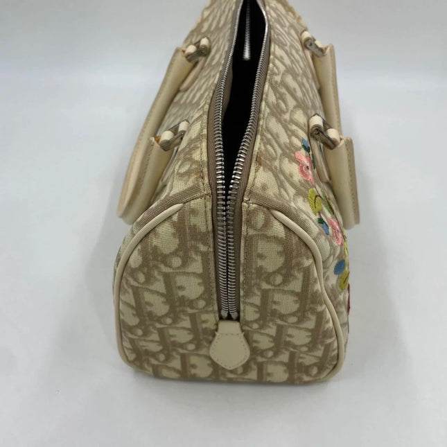 Dior Boston Bowling Bag White Oblique Monogram Canvas With Flower Embroidery