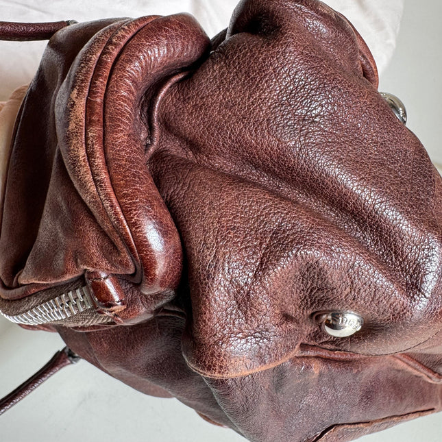 Prada Large Brown Washed Top Handle Bauletto Bag Calfksin Leather