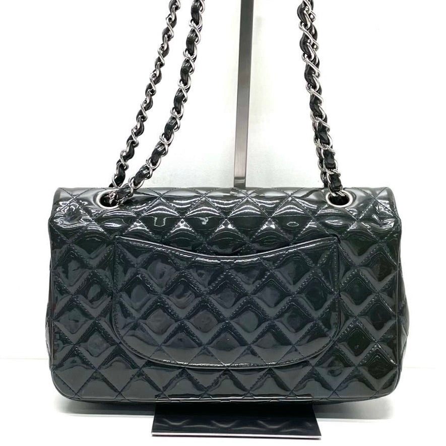 Chanel Classic Flap Jumbo Large Dark Green Patent Leather Silver Hardware, 2014-2015