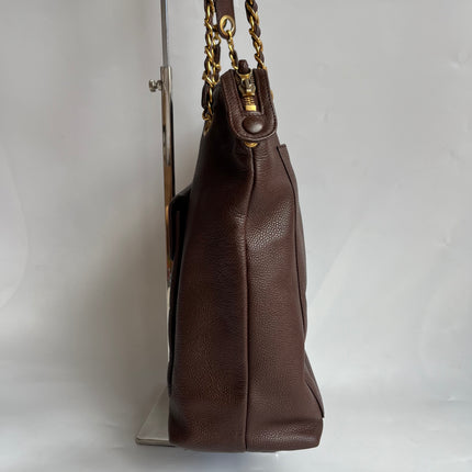 Chanel Vintage Front Pocket Tote Chocolate Brown Caviar Leather Double Gold Leather Chain