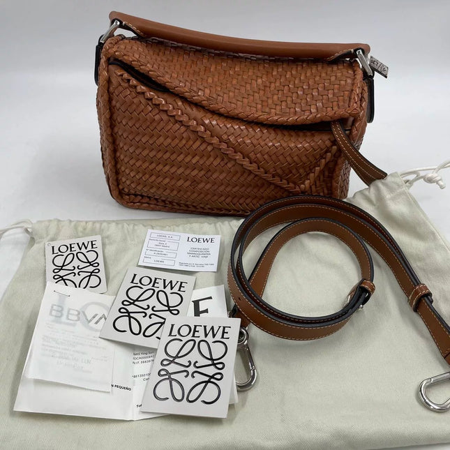 Loewe Puzzle Small Leather Woven Braided Caramel Tan Crossbody Bag