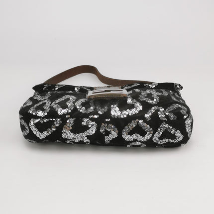 FENDI Baguette White Heart Shaped Sequin Black Shoulder Bag