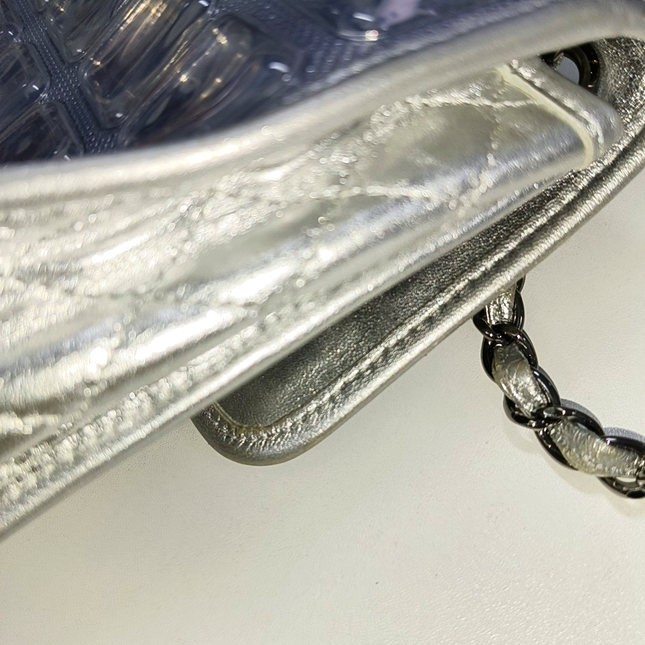 Chanel Ice Cube Chocolate Bar Classic Flap Metallic Silver PVC with Leather