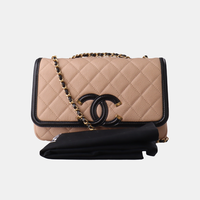 Chanel Filigree Flap Bag Caviar Leather 2017 Small Beige with Black Trim