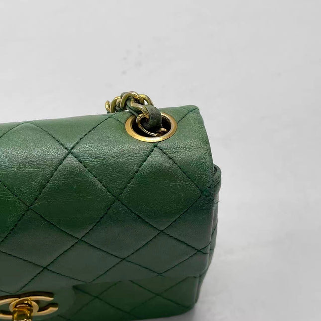 Chanel Vintage Classic Flap Mini Square Green Lambskin 24k Gold HW, 1989-1991