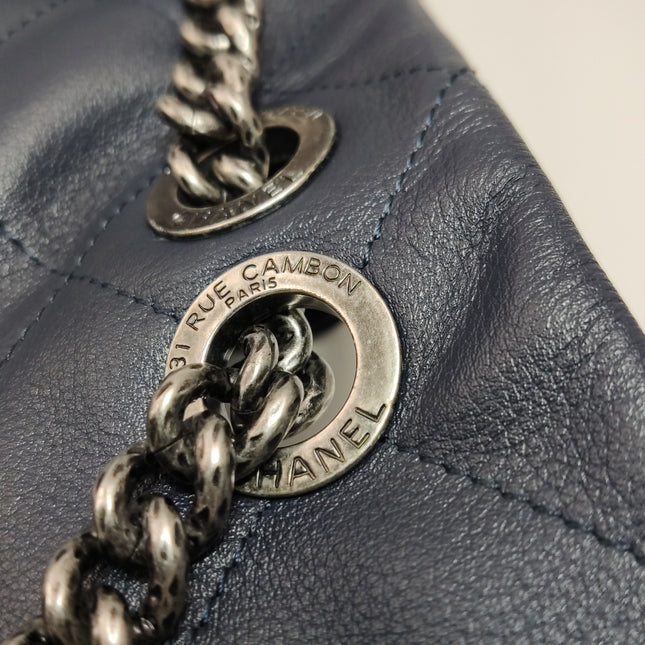 Chanel Large Single Flap Navy Calfskin Leather Cannage Stitch Silver Hardware 2012