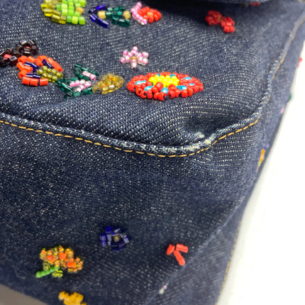 FENDI Mamma Baguette Blue Denim with Floral Beads Vintage