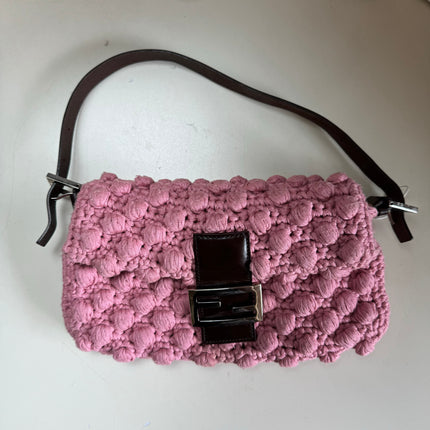 Fendi Baguette Bag Pink Crochet Knit Wool Pompom Shoulder Bag