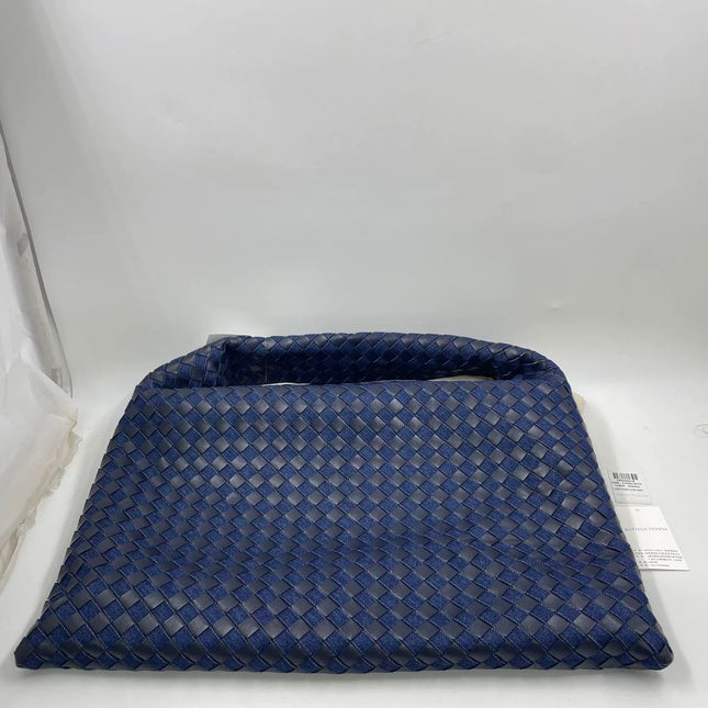 Bottega Veneta Hop Large Leather and Denim Intrecciato Navy Hobo Bag 55cm