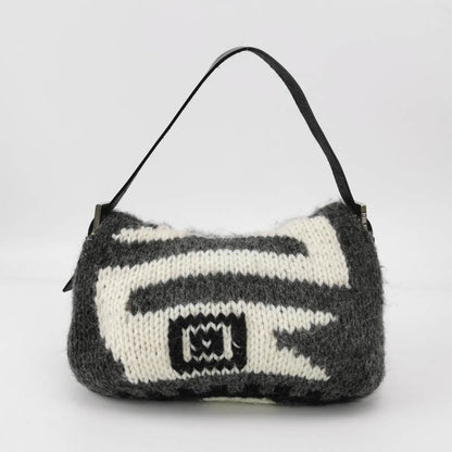 Fendi Baguette Bag Grey and White Wool Knit Shoulder Bag