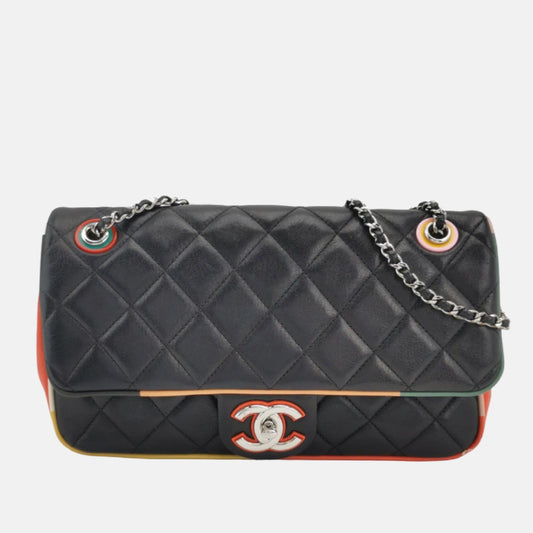 Chanel Timeless Classic Flap Lambskin Plexiglass Quilted Medium Cuba Color Flap Black with Multicolor Trim-Luxbags