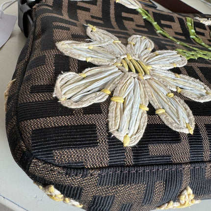 Fendi Baguette Zucca Monogram with Straw Floral Embroidery