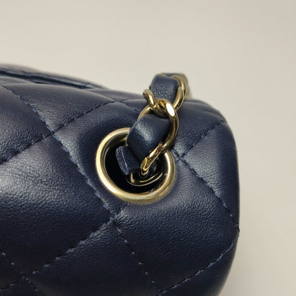 Chanel Classic Flap Mini Rectangular Navy Lambskin Leather Gold Hardware Microchip
