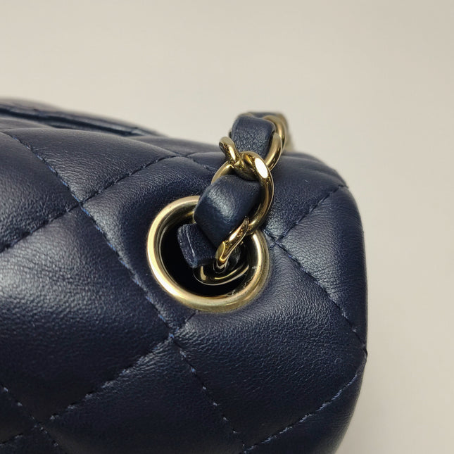 Chanel Classic Flap Mini Rectangular Navy Lambskin Leather Gold Hardware Microchip