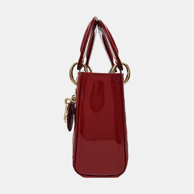 Lady Dior Mini 2021 Red Burgundy Patent Leather Gold Hardware Suede Interior Chain Strap