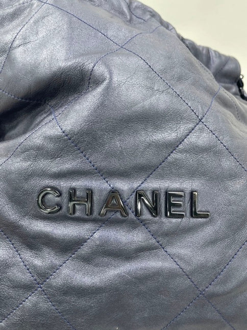 Chanel 22 Hobo Bag Medium Shiny Calfskin Leather Metallic Navy