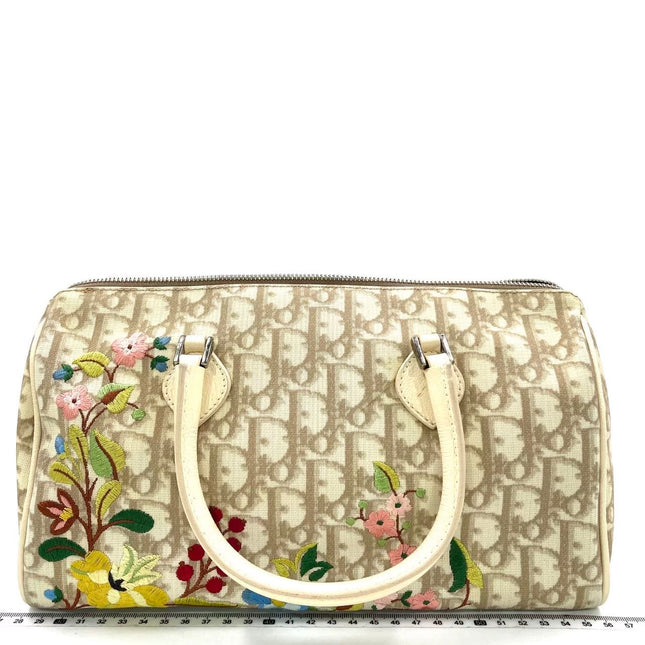 Dior Boston Bowling Bag White Oblique Monogram Canvas With Flower Embroidery-Luxbags