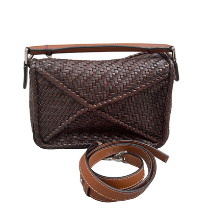 Loewe Puzzle Small Leather Woven Braided Dark Brown Crossbody Bag