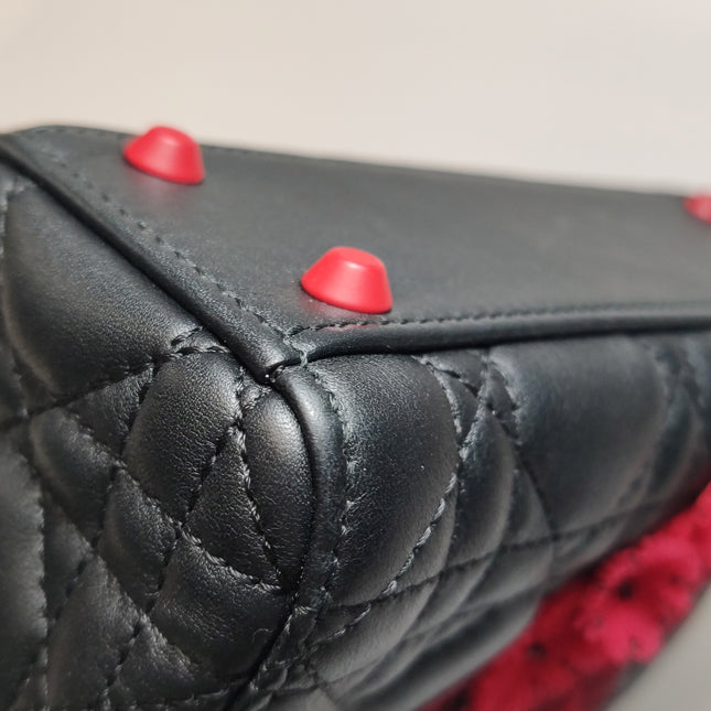 Lady Dior Mini Black Lambskin Leather Red Tulle Ruffle Heart Silver Hardware 2019