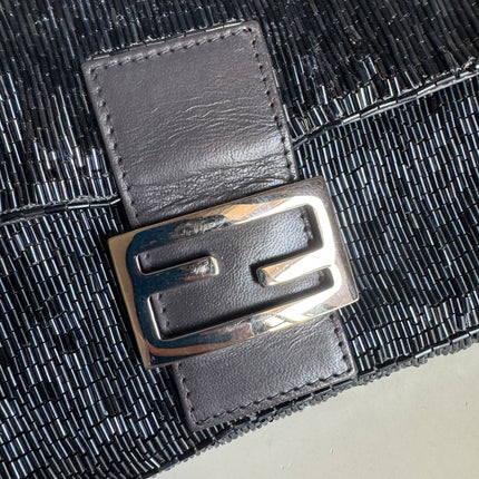 Fendi Baguette Metallic Navy Black Glittering Waterfall Beads Shoulder Bag